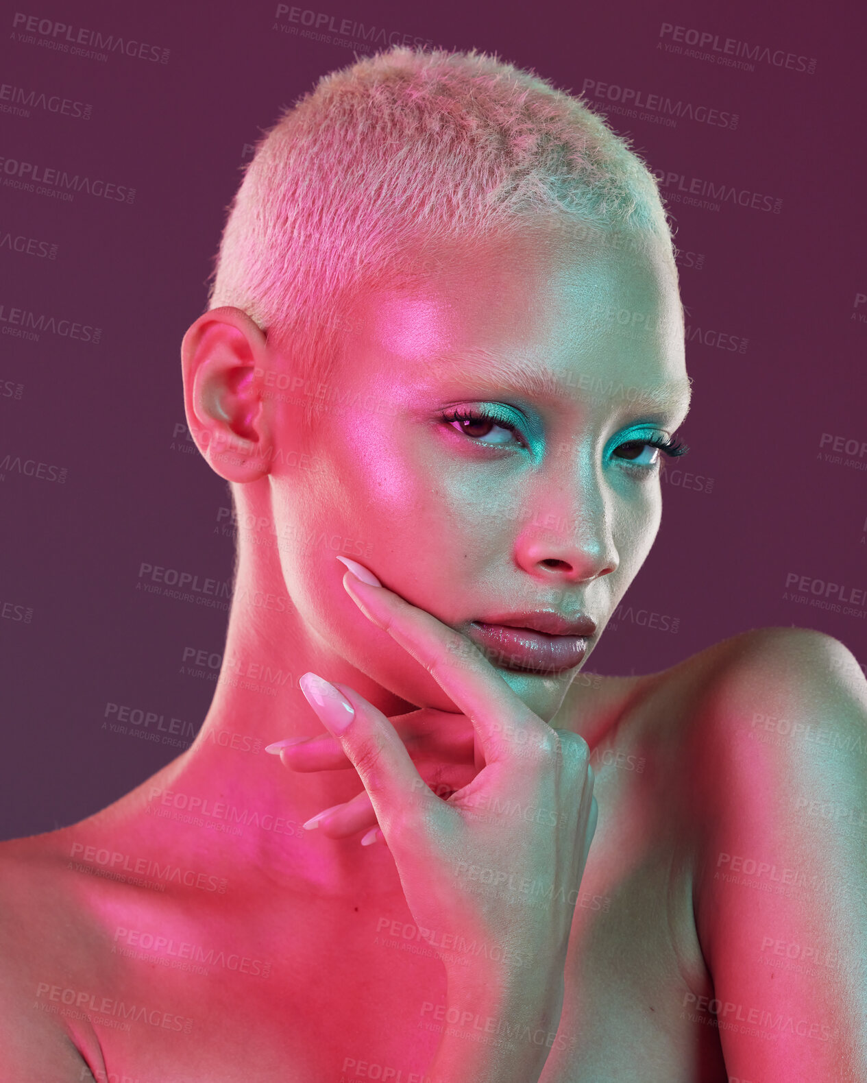 Buy stock photo Art, beauty and portrait woman with neon makeup and lights for creative advertising on studio background. Cyberpunk, gen z face of girl and model isolated for skin care and futuristic mock up space.