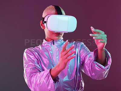 Buy stock photo Woman, virtual reality glasses and metaverse for futuristic gaming, digital transformation and tech. Cyberpunk person hands on studio background with vr headset for 3d and cyber world user experience