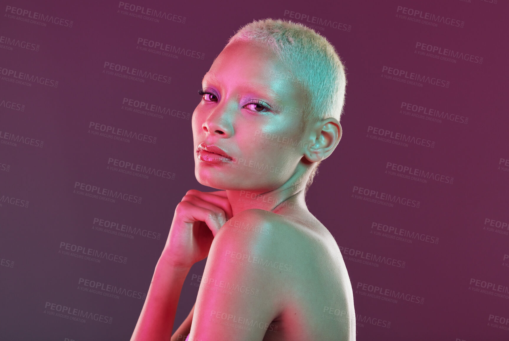 Buy stock photo Cyberpunk, beauty and portrait of woman with neon makeup and lights in creative advertising on studio background. skincare, art girl and model isolated for futuristic skin care mockup space.