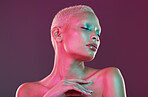 Art, neon beauty and woman with eyes closed, makeup and lights in creative advertising on studio background. Cyberpunk, aesthetic product placement and model isolated in futuristic skincare mock up