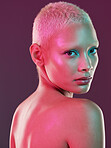 Skincare, cosmetics and portrait of woman with neon makeup and lights for creative advertising on studio background. Cyberpunk, product placement and model isolated for and futuristic beauty mockup.