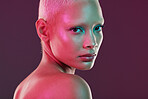 Neon, beauty and cyberpunk, portrait of woman with makeup and lights for creative skincare advertising on studio background. Product placement, cosmetics and model isolated for futuristic face mockup