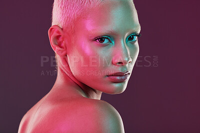 Buy stock photo Neon, beauty and cyberpunk, portrait of woman with makeup and lights for creative or unique skincare on studio background. Skin care, art and cosmetics girl, model isolated for futuristic face mockup