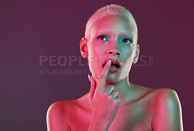 Buy stock photo Neon, beauty and woman with finger on lips, makeup and lights for creative advertising on studio background. Cyberpunk, product placement and model isolated for skincare and futuristic mock up space.