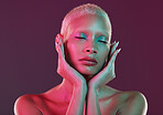 Skincare, beauty and eyes closed, woman with neon makeup and lights for creative advertising on studio background. Cyberpunk, product placement and model isolated for skin care and futuristic mockup.