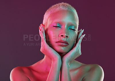 Buy stock photo Skincare, beauty and eyes closed, woman with neon makeup and lights for creative advertising on studio background. Cyberpunk, product placement and model isolated for skin care and futuristic mockup.