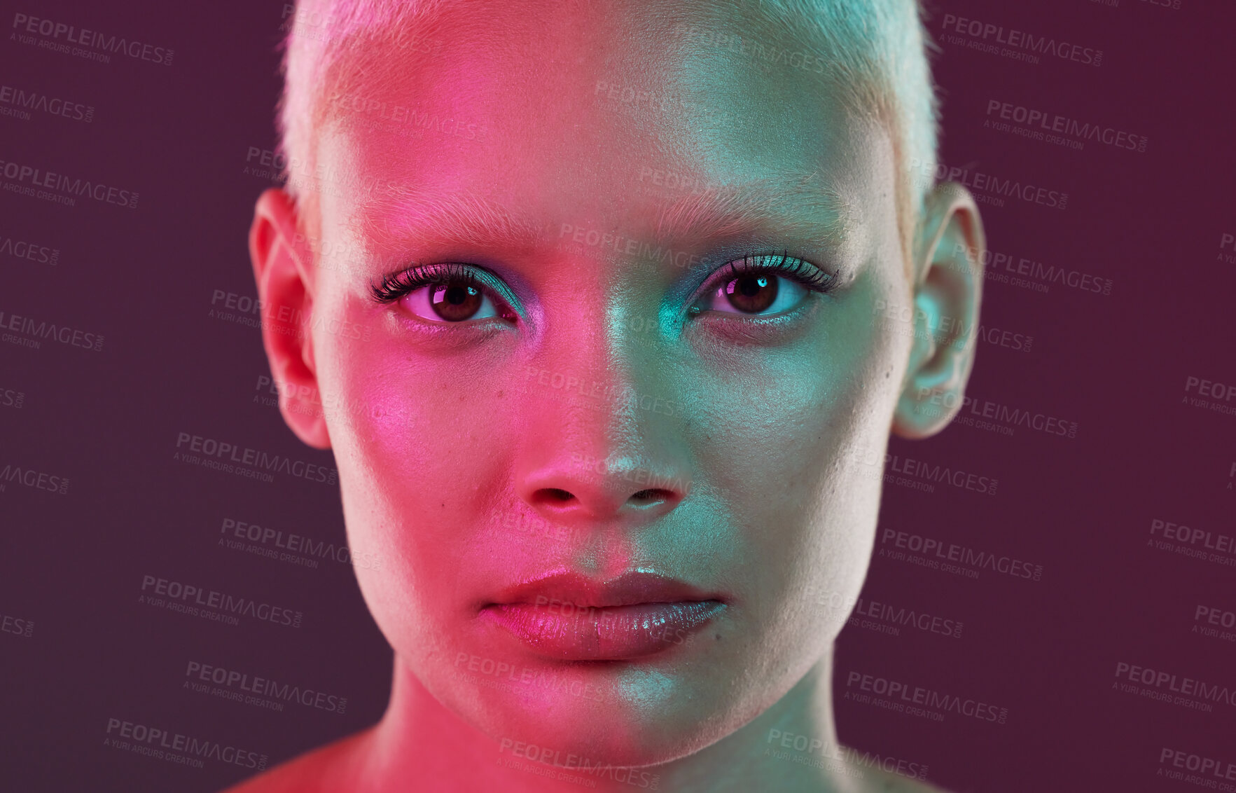 Buy stock photo Beauty, neon face and portrait of woman with makeup and lights for creative advertising on studio background. Cyberpunk, art girl or fantasy model isolated for skincare and futuristic mock up space