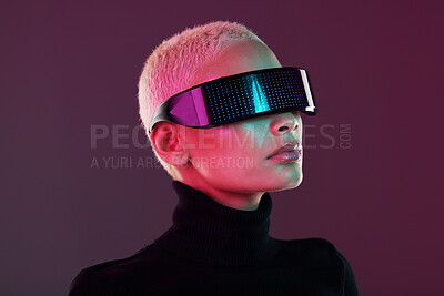 Buy stock photo Vr glasses, woman and metaverse for futuristic gaming, digital transformation and tech. Cyberpunk person face on studio background with virtual or augmented reality headset for 3d and cyber world ux