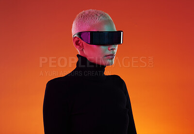 Buy stock photo Woman, vr glasses and metaverse for augmented reality, digital transformation and future tech. Cyberpunk person on orange background with ar software headset for 3d and cyber world user experience