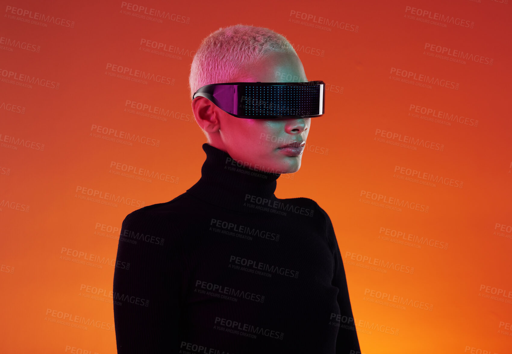 Buy stock photo Woman, vr glasses and metaverse for augmented reality, digital transformation and future tech. Cyberpunk person on orange background with ar software headset for 3d and cyber world user experience