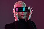 Woman, vr glasses and metaverse for futuristic gaming, digital transformation and tech. Cyberpunk person on studio background with augmented reality headset for 3d and cyber world fantasy experience