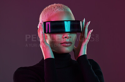 Buy stock photo Woman, vr glasses and metaverse for futuristic gaming, digital transformation and tech. Cyberpunk person on studio background with augmented reality headset for 3d and cyber world fantasy experience