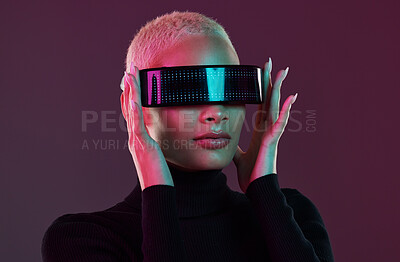 Futuristic fashion, cyberpunk portrait and black woman with chrome clothing  in studio. Vaporwave, isolated and gen z with a young female model glow  with cosmetics and scifi clothes with mockup