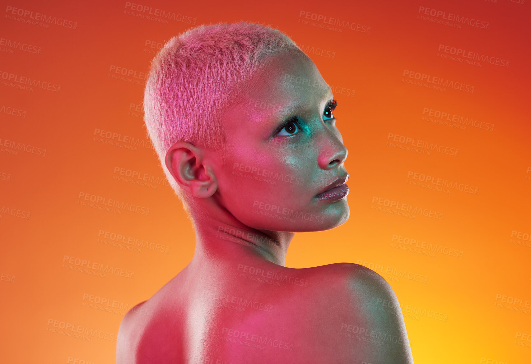 Buy stock photo Art, neon beauty and woman with face makeup and lights in creative advertising on orange background. Cyberpunk, product placement and model isolated for skincare and futuristic mockup space in studio