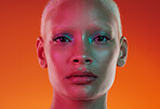 Face, neon beauty and portrait of woman with makeup and light in creative advertising on orange background. Art, product placement and model isolated in skincare and futuristic mockup space in studio