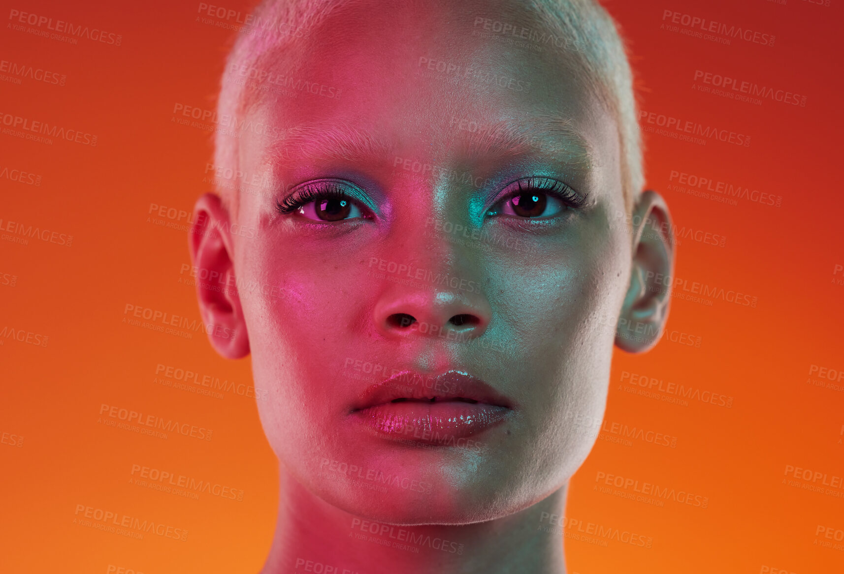 Buy stock photo Face, neon beauty and portrait of woman with makeup and light in creative advertising on orange background. Art, fantasy girl and model isolated in skincare and futuristic mockup space in studio