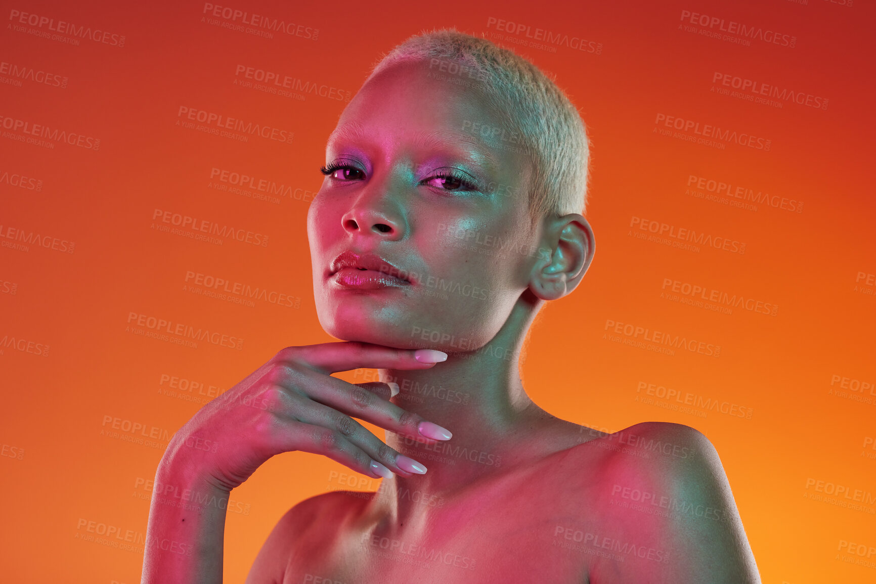 Buy stock photo Cyberpunk, neon beauty and portrait of woman with makeup and light in creative advertising on orange background. Art, product placement and model isolated for skincare and futuristic mockup in studio