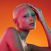 Futuristic fashion, cyberpunk portrait and black woman with chrome clothing  in studio. Vaporwave, isolated and gen z with a young female model glow  with cosmetics and scifi clothes with mockup