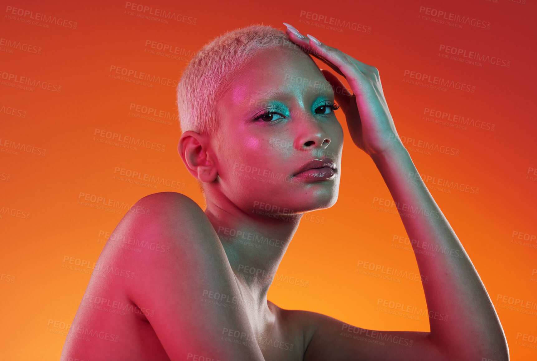 Buy stock photo Cosmetics, neon beauty and portrait of woman with makeup and light in creative advertising on orange background. Art, product placement and model isolated in skincare and futuristic mockup in studio.