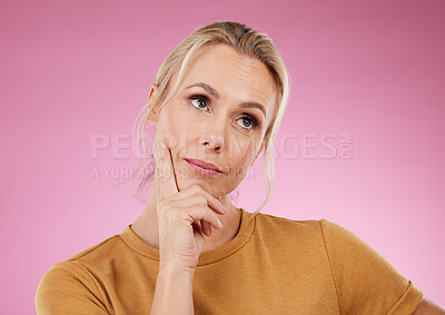 Buy stock photo Thinking, woman and ideas on pink background, studio and color backdrop for mindset, planning or mockup. Inspiration, brainstorming and female model curious for question, solution and remember memory
