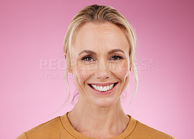 Buy stock photo Mature woman, smile and portrait of a female model with happiness and botox in studio. Isolated, pink background and beauty of older person face feeling happy and relax with cosmetics and makeup  