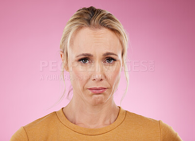 Buy stock photo Portrait, woman and sad with mental health, depression and lady against studio background. Face, mature female and stress with anxiety, fatigue and suffering from loneliness, anxious and problems