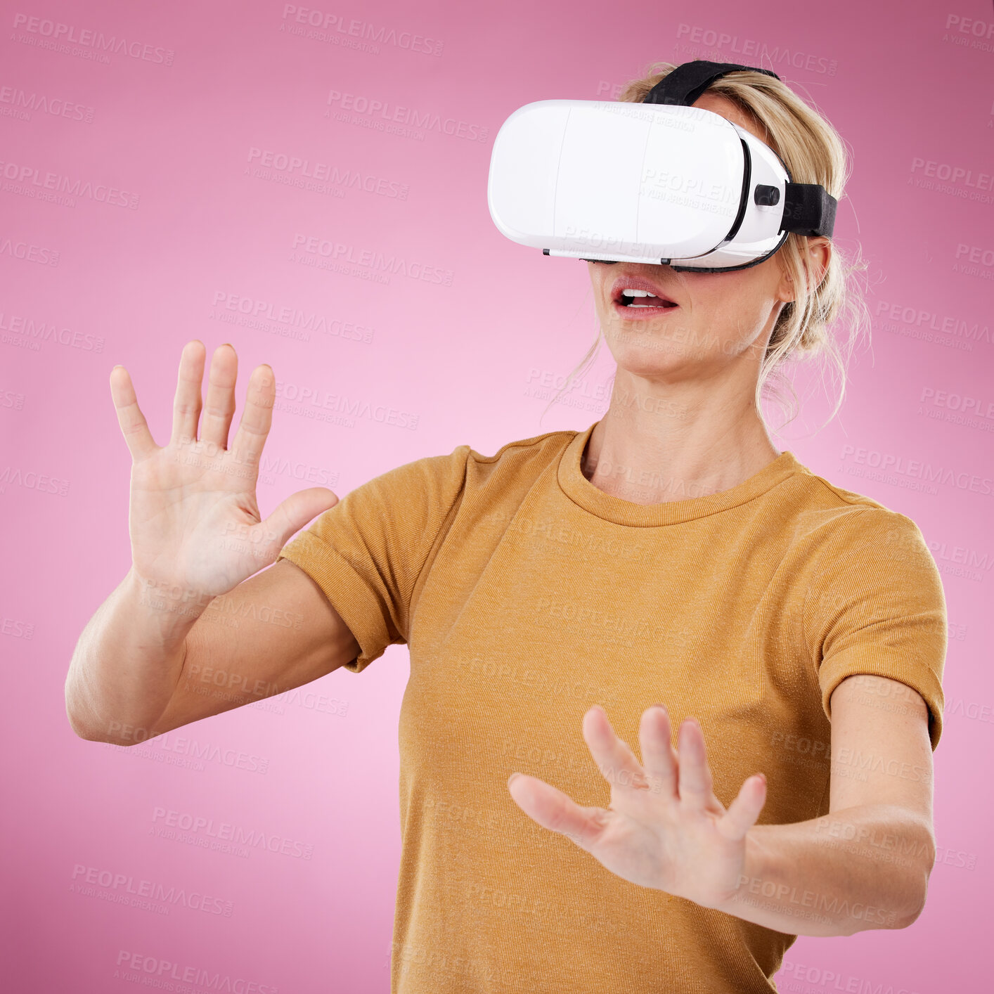 Buy stock photo Scared woman, vr glasses and metaverse for future technology, gaming and digital transformation. Person with fear for virtual reality, 3d and cyber world experience with ai headset on pink background