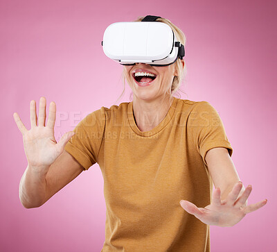 Buy stock photo Excited woman, vr glasses and metaverse for future technology, gaming and digital transformation. Person with wow virtual reality, 3d and cyber world experience with ai headset on pink background