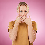 Secret, studio and woman with her hand on her mouth with a shock, surprise or quiet face expression. Gossip, shocked and portrait of a female model with surprised gesture isolated by pink background.