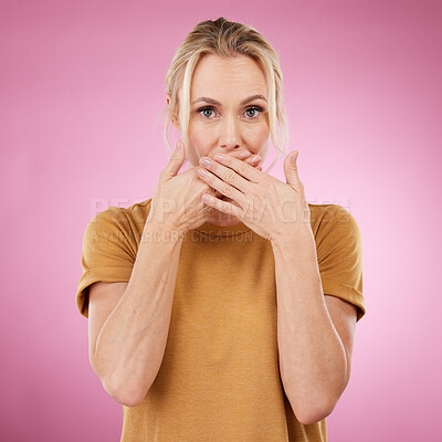 Buy stock photo Secret, studio and woman with her hand on her mouth with a shock, surprise or quiet face expression. Gossip, shocked and portrait of a female model with surprised gesture isolated by pink background.