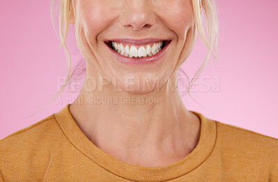 Buy stock photo Teeth whitening, mouth and woman in studio, pink background and backdrop. Happy female model, lips and smile for dental wellness, tooth implant and aesthetic facial of beauty, health or face skincare
