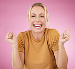 Excited, celebration and winning elderly woman cheering for a prize isolated against a pink studio background happy and smile. Portrait, winner and senior female celebrate win feeling cheerful