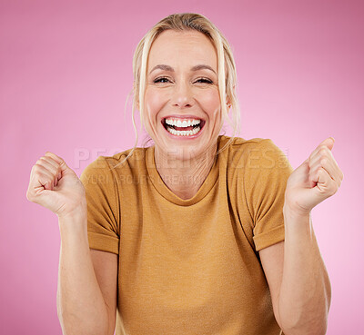 Buy stock photo Success, wow and deal for elderly woman cheering for a prize isolated against a pink studio background happy and smile. Portrait, winning and senior female celebrate win feeling cheerful