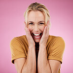 Surprised, wow and portrait of mature woman scream from good news and surprise. Isolated, pink background and studio of a older person with happiness and excited with hands to face feeling shocked