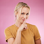 Secret, portrait and woman with lips on finger in studio, pink background and privacy. Female model with silence gesture on mouth for quiet, shush hands and gossip for whisper, silent emoji and smile