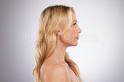 Buy stock photo Beauty, face and skincare profile of woman in studio for cosmetic and anti aging dermatology. Mature aesthetic model on grey background for self love, care and healthy or wellness facial glow mockup