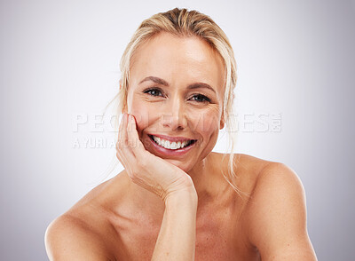Buy stock photo Skincare, mature beauty and portrait of a model feeling happy about dermatology and chemical peel. Isolated, white background and studio with a woman with happiness from spa wellness and treatment