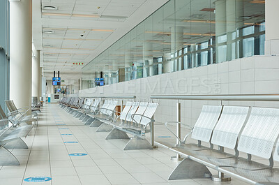 Buy stock photo Empty airport, terminal lounge and chair furniture in waiting room of departure, global travel or transportation. Airplane lobby, seat and space of commercial flight, building interior or backgrounds