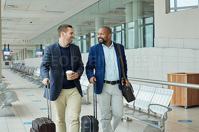 Buy stock photo Travel for work, team at airport and luggage, men and flight for business trip, conference or training seminar with accountant. Walk, talk and diversity with finance convention and partnership
