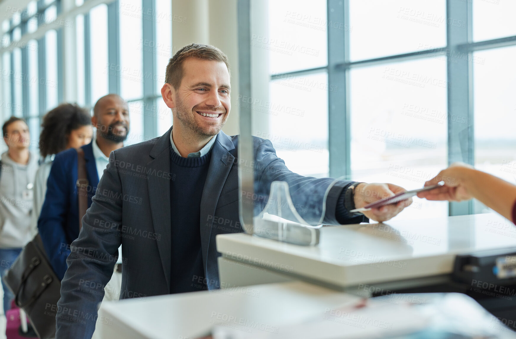 Buy stock photo Ticket check, window and business man in airport queue for passport or travel service. Happy customer person at security or consultant booth or counter for transport booking and buying pass at seller