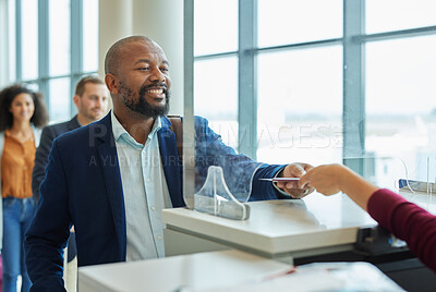 Buy stock photo Ticket check, counter and black man in airport line for passport or travel service. Happy customer person at security or consultant booth or glass window for business booking or buy paper at seller