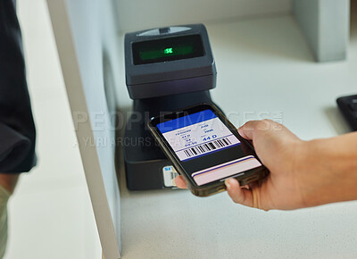 Buy stock photo Hands, phone and ticket scan at airport for travel, immigration or transport service by terminal. Hand of traveler scanning smartphone online boarding pass, barcode or permit on mobile flight app