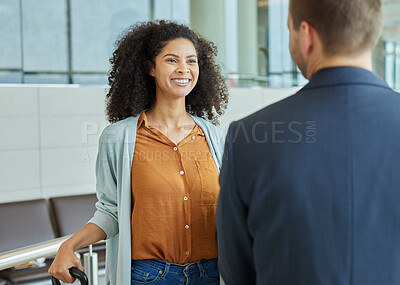 Buy stock photo Happy, talking and black woman with a businessman at the airport for travel and business trip. Smile, work and African employee speaking to a corporate man about departure, journey and flight