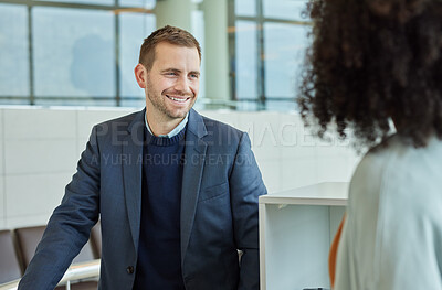Buy stock photo Happy, conversation and businessman and woman in an office talking, coworking and together. Smile, business and corporate employees speaking, in communication and discussion in the morning at work