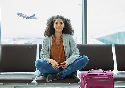 Buy stock photo Airport, black woman and portrait of a young person at flight terminal waiting for airplane travel. Passport document, smile and sitting solo female traveler feeling happy with freedom from adventure
