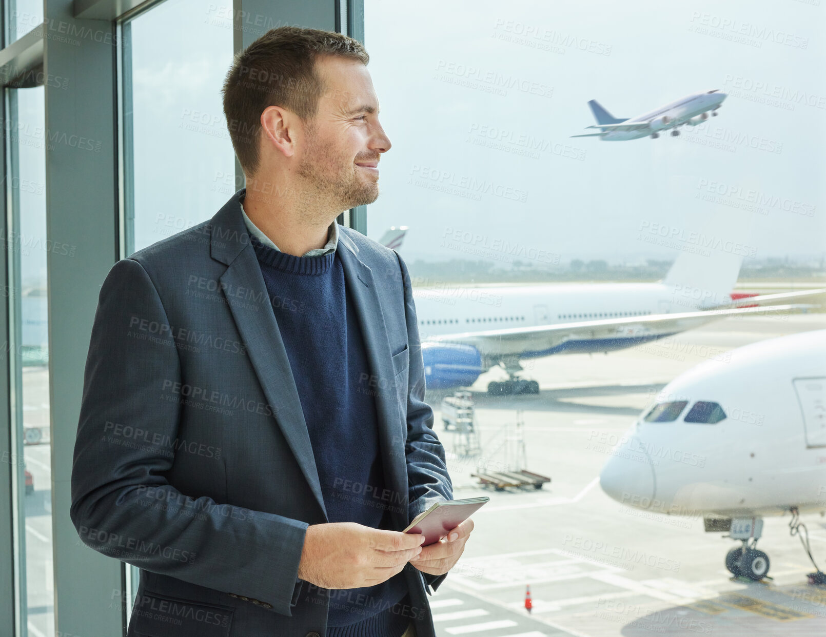 Buy stock photo Business, window and man with passport, airport and excited for travel, thinking and international. Corporate, male leader and manager with ticket, check in and ready for flight, travelling and smile