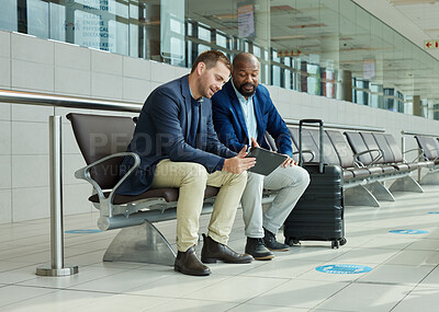 Buy stock photo Airport partner, business tablet and people for online flight booking, travel news or digital schedule management app. Communication, lobby and tech of international black man with immigration advice