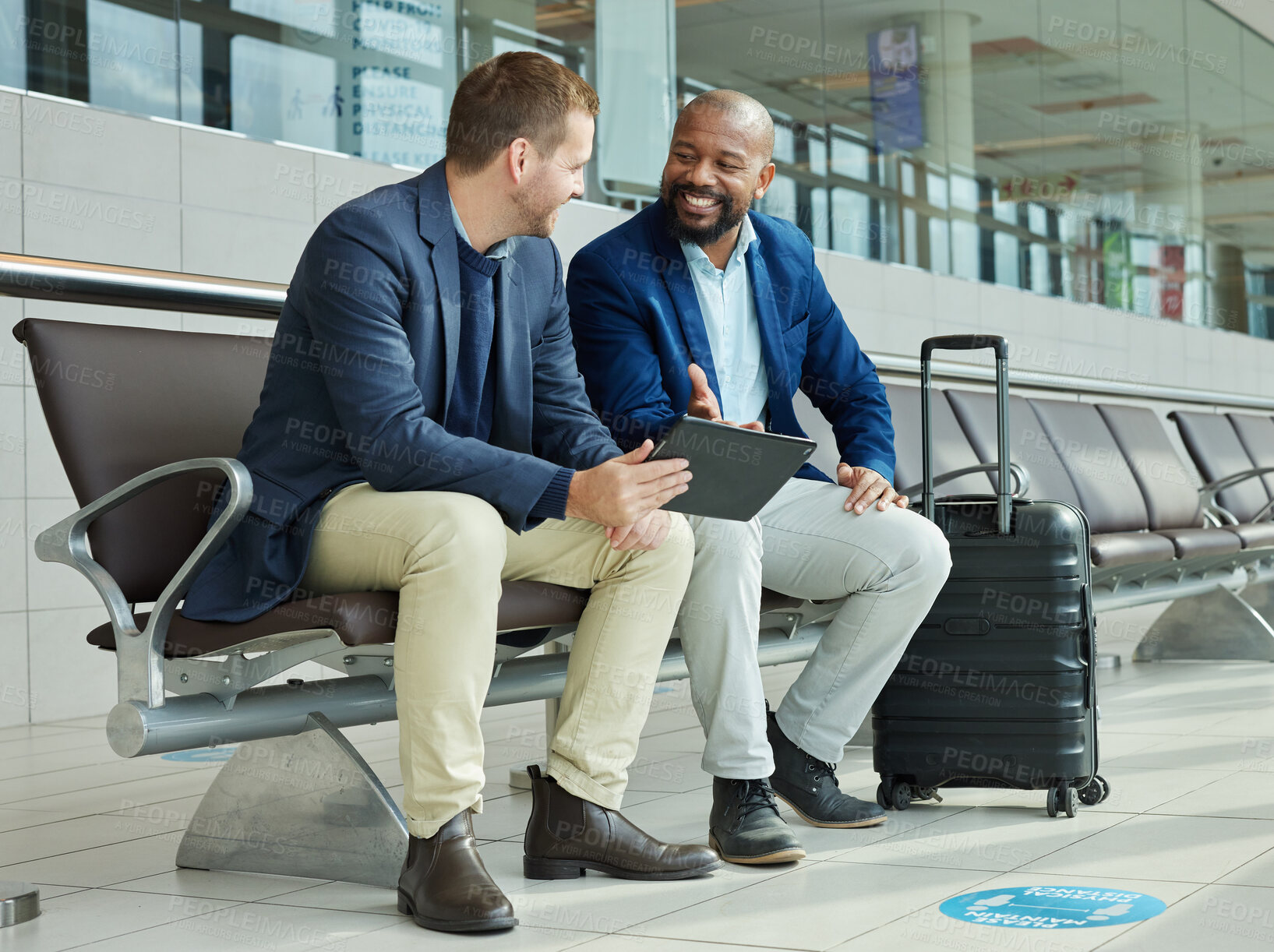 Buy stock photo Airport, tablet and business people or partner flight booking, online travel news or digital schedule management app. Communication, lobby and tech of international black man with immigration advice