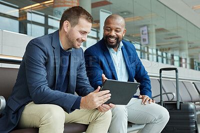 Buy stock photo Airport, business team people and tablet talking of flight schedule, travel news or fintech management. Happy investment black man, international partner and digital technology for immigration advice