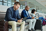Airport, lobby and people on technology for online booking, flight information and travel schedule. Digital app, news and business man on tablet for immigration, international or global opportunity